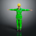 Human Worker In Green Reflective Uniform With Yellow Helmet Standing Arms Outstretched On Dark Background