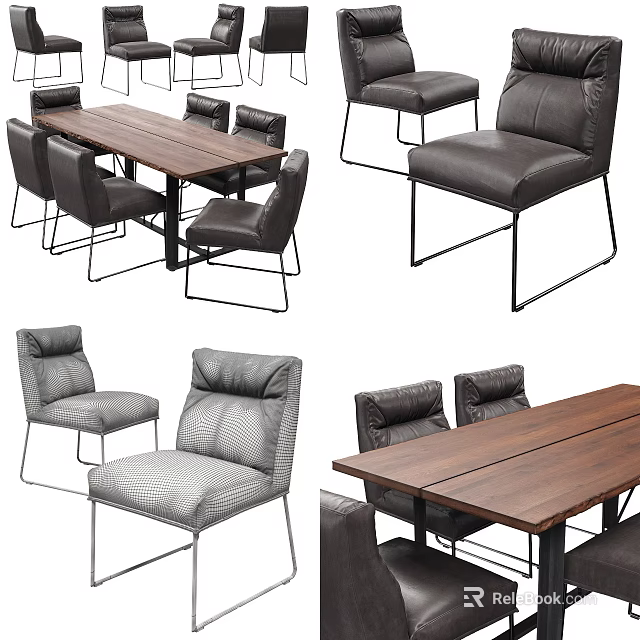Modern Office Desk With Wooden Desktop Leather Chairs And Metal Frame 3d model 