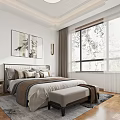 Modern Bedroom With Built In White Wardrobes Brass Handles Gray Brown Bedding And Wooden Flooring