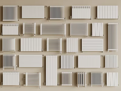 Various Styles of White Radiators Arranged on Beige Background 3d model