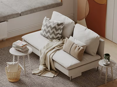 Beige Two-Seater Sofa With Chevron Pillows Throw Blanket Side Tables With Books And Mug 3d model