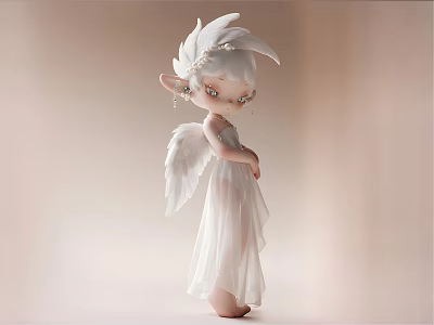 Exquisite Angel Doll With White Feather Wings And Elf Ears In White Dress 3d model