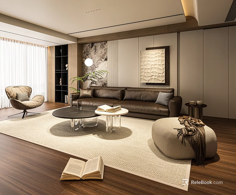 Warm Modern Luxury Living Room With Brown Leather Sofa And Cozy Lounge Furniture 3d model 