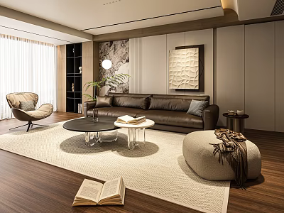 Warm Modern Luxury Living Room With Brown Leather Sofa And Cozy Lounge Furniture 3d model
