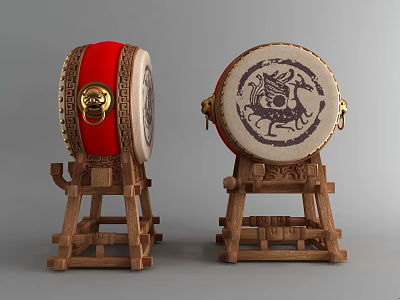 Traditional Chinese Musical Drums With Red Body Golden Decor And Dragon Pattern On Wooden Stand 3d model