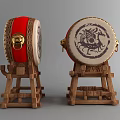 Traditional Chinese Musical Drums With Red Body Golden Decor And Dragon Pattern On Wooden Stand