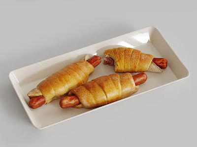 Golden Baked Sausage Rolls Wrapped In Flaky Pastry On White Plate 3d model