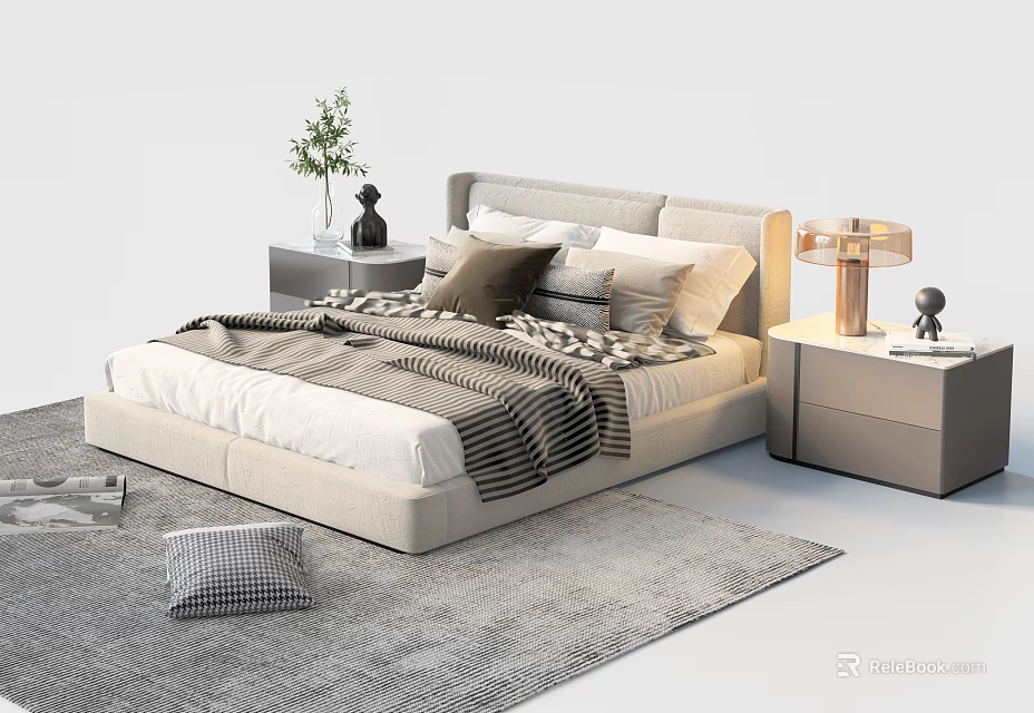 Modern Double Bed With Upholstered Headboard Nightstands Lamps And Decorative Pillows 3d model 