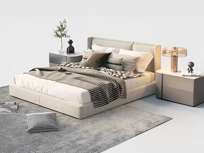 Modern Double Bed With Upholstered Headboard Nightstands Lamps And Decorative Pillows 3d model