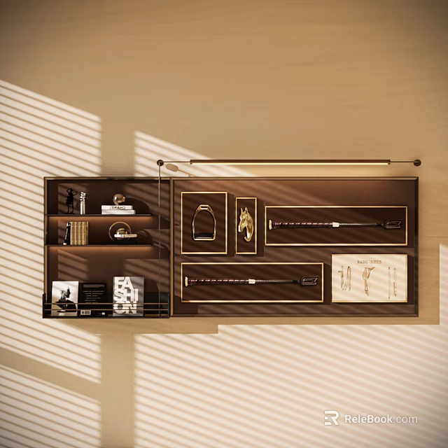 Wall Decor Display Shelf With Hat Knife Books Artwork And Sunlight Shadow On Light Wall 3d model 