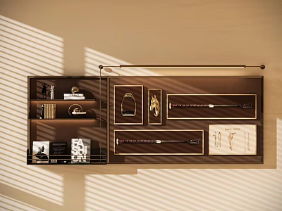 Wall Decor Display Shelf With Hat Knife Books Artwork And Sunlight Shadow On Light Wall 3d model