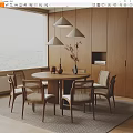 Wind Dining Table and Chair Solid Wood Table and Chair Round Dining Table and Chair Tableware Ornaments Chandelier 3d model