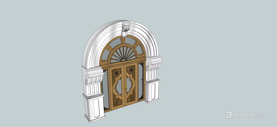 Classic Arched Wooden Entrance Door With Decorative Details And Ornamental Posts 3d model 