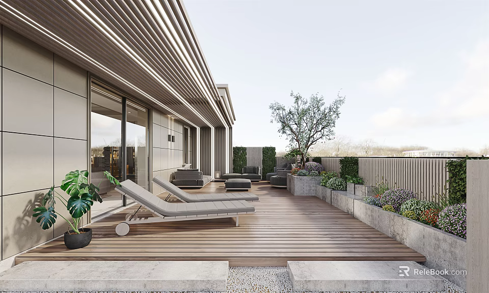 Modern Villa Balcony Design With Wooden Deck Flooring Outdoor Loungers And Potted Plants 3d model 