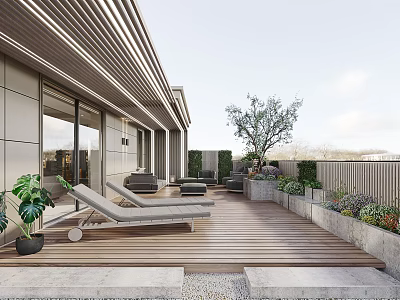 Modern Villa Balcony Design With Wooden Deck Flooring Outdoor Loungers And Potted Plants 3d model
