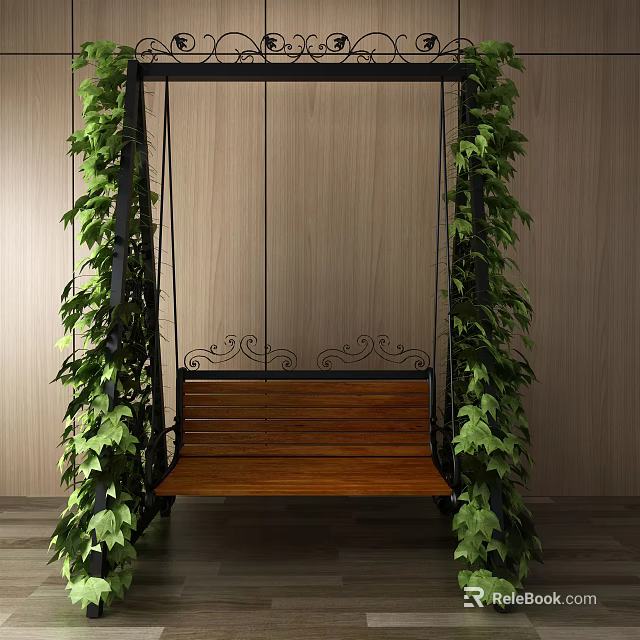 Outdoor Garden Swing Play Equipment With Wooden Seat Black Metal Frame And Green Ivy Plants 3d model 