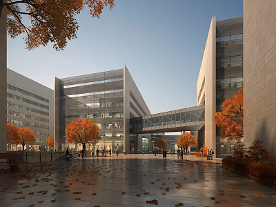 Modern Architectural Complex With Glass Curtain Walls Pedestrian Bridge Autumn Trees And Fallen Leaves 3d model
