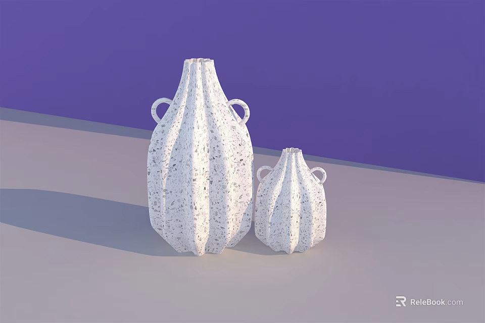 White Speckled Vases With Handles On Gray Surface And Purple Background 3d model