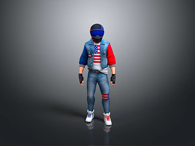 Stylish Motorcycle With Rider In American Flag Jacket And Denim Pants With Patches 3d model