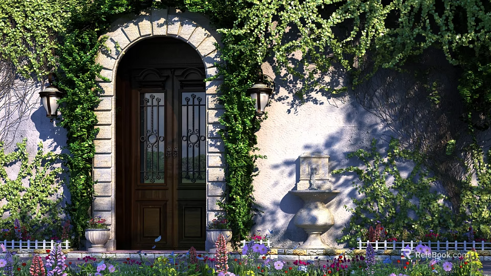 Arched Entrance Gate With Green Ivy Stone Wall Flower Beds And Decorative Fountain 3d model 