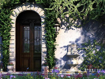 Arched Entrance Gate With Green Ivy Stone Wall Flower Beds And Decorative Fountain 3d model