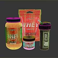 Red Whey Protein Powder Supplements With Shaker Bottle And Healthy Nutrition