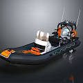 Modern Black Inflatable Yacht With Orange Ropes Life Rings White Seats And Antennas On Water