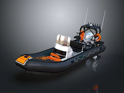Modern Black Inflatable Yacht With Orange Ropes Life Rings White Seats And Antennas On Water 3d model