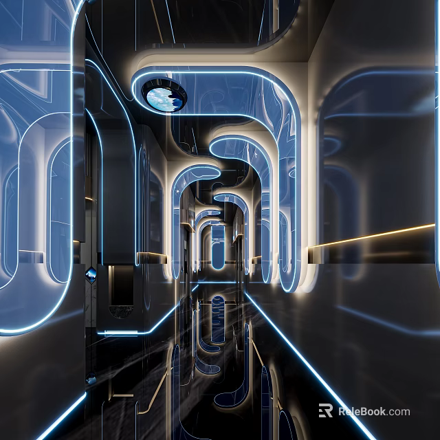 Sleek Modern KTV Interior With Blue Neon Lighting Curved Archways And Reflective Floors 3d model 