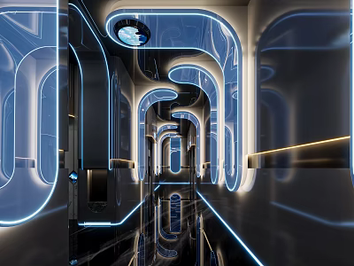 Sleek Modern KTV Interior With Blue Neon Lighting Curved Archways And Reflective Floors 3d model