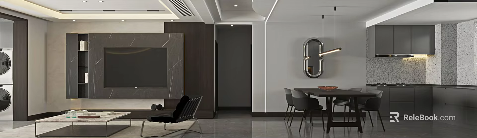 Modern Living And Dining Room Interior With Dark Furniture Marble Accent Wall And Decorative Mirror 3d model 