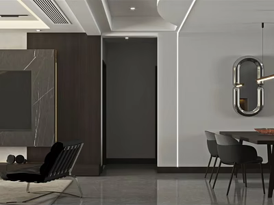 Modern Living And Dining Room Interior With Dark Furniture Marble Accent Wall And Decorative Mirror 3d model