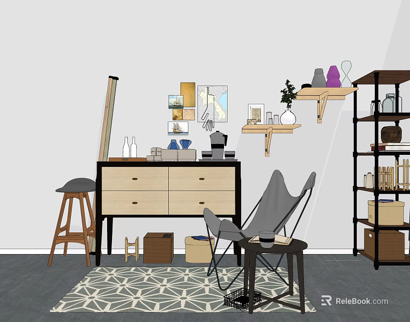 Modern Entryway Cabinet and Side Cabinet with Wooden Shelves Chair Plant Mirror and Storage Boxes 3d model 