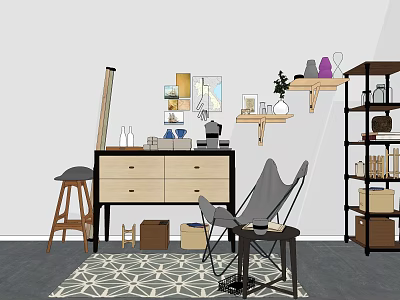 Modern Entryway Cabinet and Side Cabinet with Wooden Shelves Chair Plant Mirror and Storage Boxes 3d model