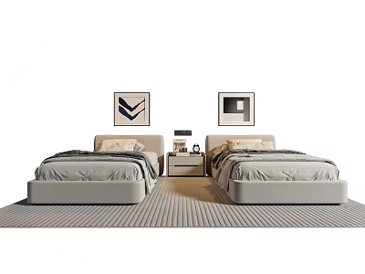 Modern Bedroom With Two Single Beds Nightstand Wall Art And Area Rug 3d model