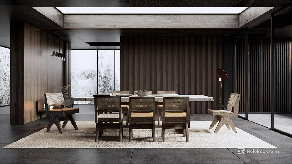 Modern Restaurant Interior Design With Open Kitchen Island Counter And Dining Table 3d model