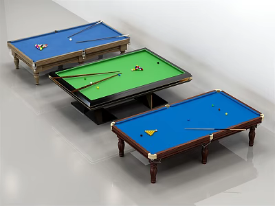 Different Colored Billiard Tables With Cues And Balls As Sports Equipment 3d model