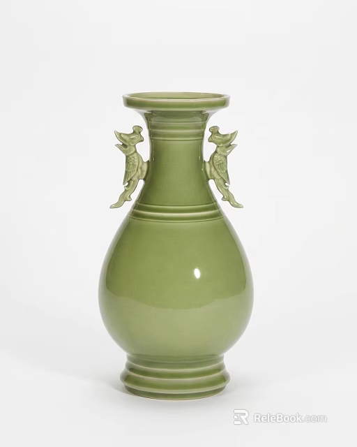 Traditional Green Ceramic Vase With Double Mythical Beast Ear Handles And Smooth Body 3d model 