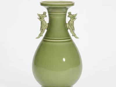 Traditional Green Ceramic Vase With Double Mythical Beast Ear Handles And Smooth Body 3d model