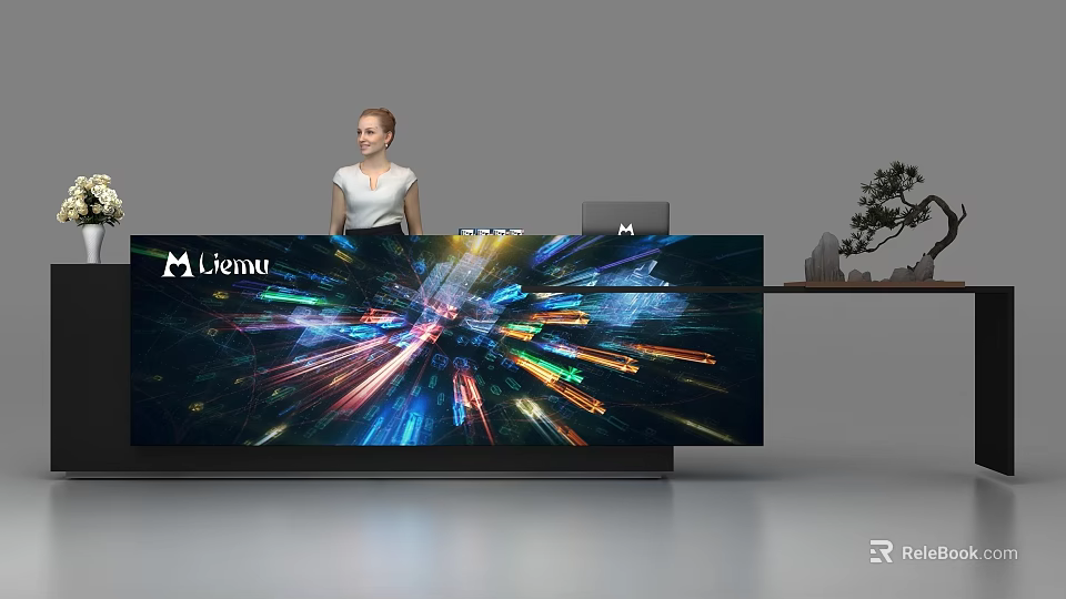 Modern Liemu Brand Reception Desk With Colorful Dynamic Lights And Female Receptionist 3d model 