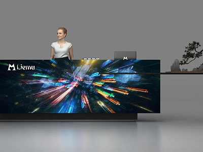Modern Liemu Brand Reception Desk With Colorful Dynamic Lights And Female Receptionist 3d model