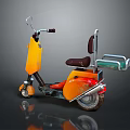 Orange And Yellow Retro Scooter With Brown Seat Green Storage Box And Silver Accents