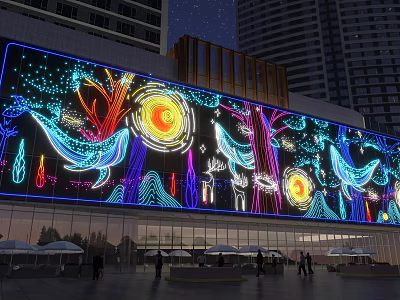 Night View Of Large LED Screen With Colorful Marine Life Sun Trees Tall Buildings Pedestrians 3d model