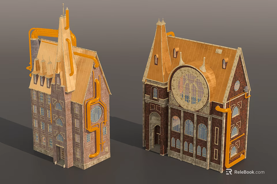 Traditional European Architecture With Golden Roofs Arched Windows And Brick Facades 3d model 