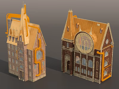 Traditional European Architecture With Golden Roofs Arched Windows And Brick Facades 3d model