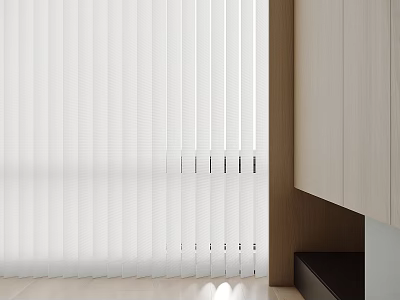 White Vertical Blinds In Modern Home Interior With Light Wood Cabinets 3d model