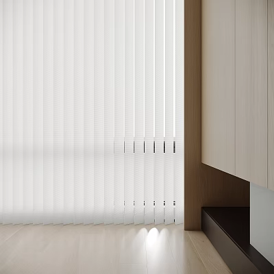 White Vertical Blinds In Modern Home Interior With Light Wood Cabinets 3d model