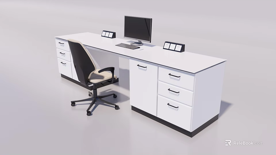 Modern White Office Desk With Computer Monitor Keyboard File Holders Office Chair And Storage Drawers 3d model 