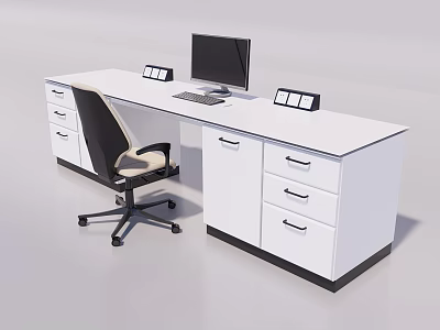 Modern White Office Desk With Computer Monitor Keyboard File Holders Office Chair And Storage Drawers 3d model