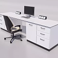 Modern White Office Desk With Computer Monitor Keyboard File Holders Office Chair And Storage Drawers